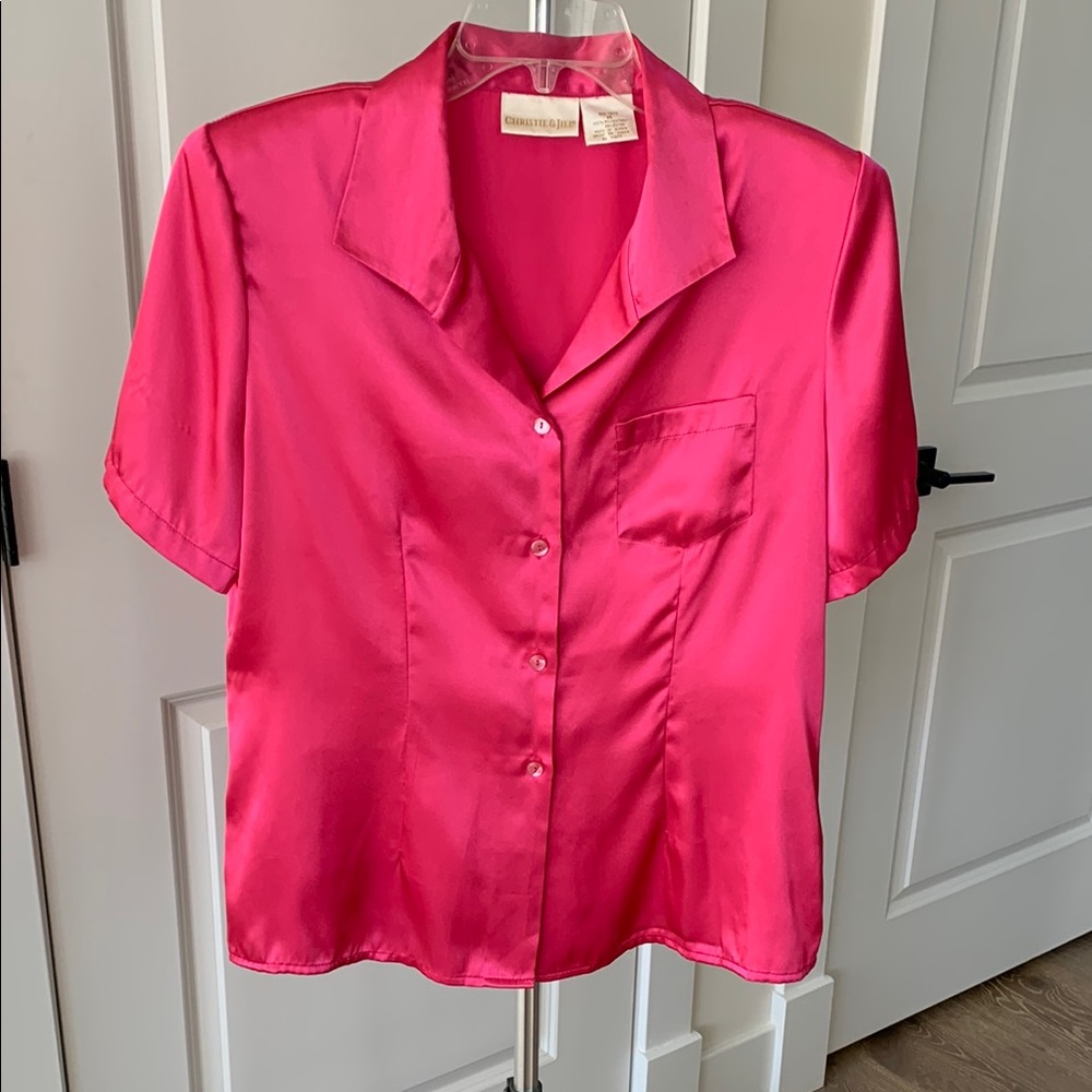 Y2K. CHRISTIE & JILL Women's Pink Short Sleeve Satin Top